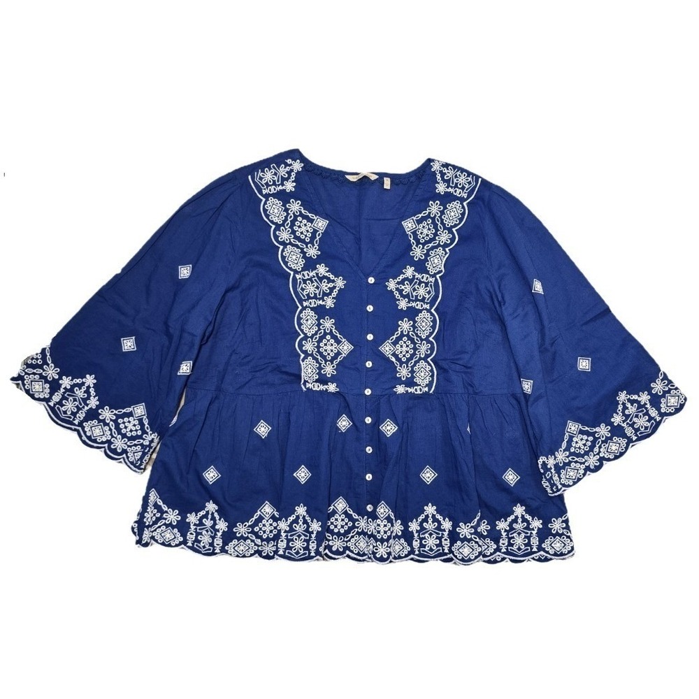 Soft Surroundings Blue Embroidered Bell Sleeve Peasant Top Womens 1X
